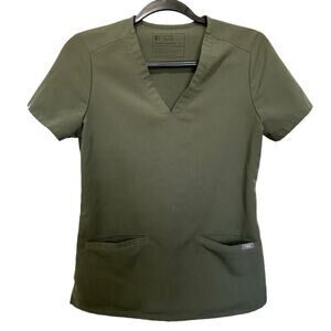 Figs Casma Three Pocket Scrub Top V Neck Classic Fit Olive Green Size XS